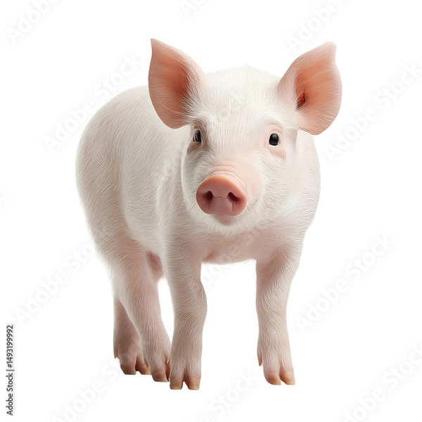 Fototapeta A curious piglet stands on all fours, looking directly at the camera with its big, expressive eyes. Its white fur and pink snout contrast nicely against the simple background.