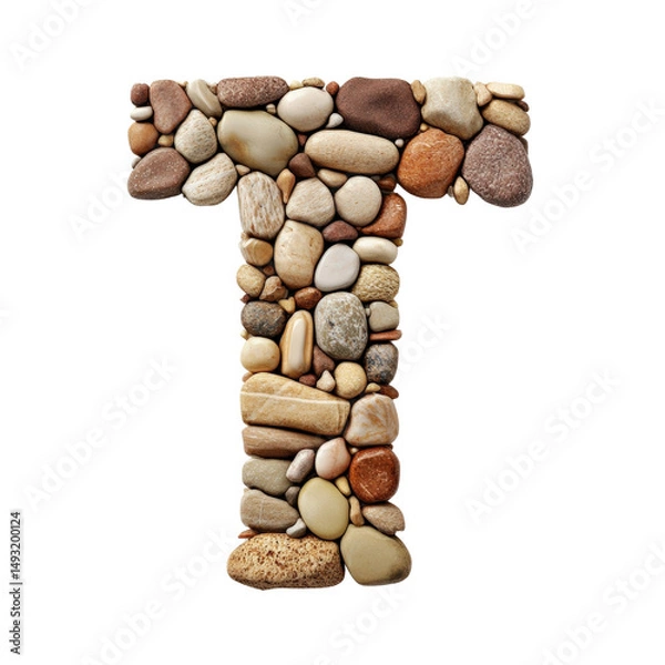 Fototapeta Letter T composed of various colorful smooth stones and pebbles arranged on a white background