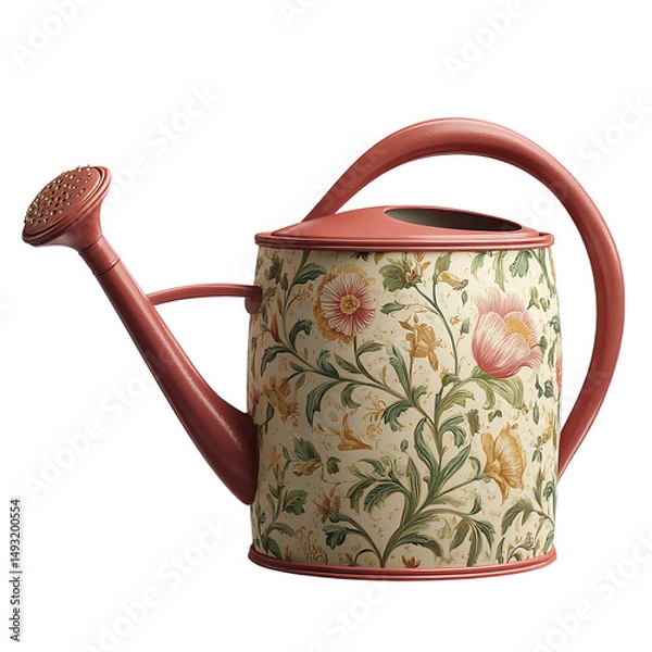 Fototapeta A detailed view of an antique watering can adorned with a floral design. The can has a classic shape with a rose-colored hue