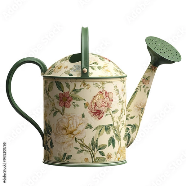 Fototapeta A beautifully decorated watering can, filled with floral patterns, ready for garden tasks. Its ornate design adds a touch of elegance to gardening tasks