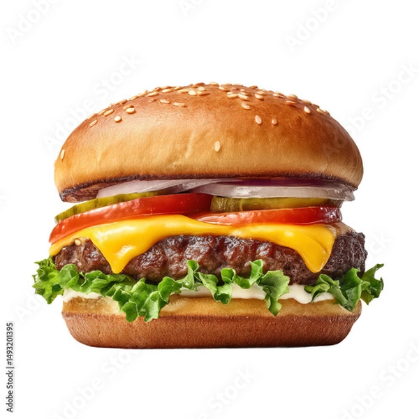 Fototapeta A Mouthwatering Cheeseburger on a Sesame Seed Bun, loaded with Fresh Ingredients