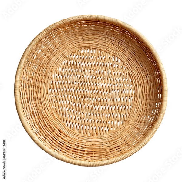 Fototapeta An overhead shot of a round, woven basket, emphasizing its intricate design and natural texture. The basket is meticulously crafted with tightly woven materials.