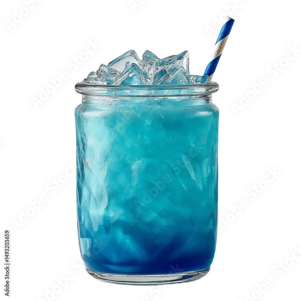 Fototapeta Refreshing blue lagoon cocktail in a mason jar with ice and striped straw. 