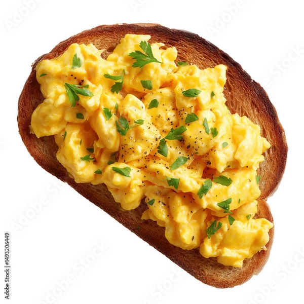 Fototapeta Scrumptious scrambled eggs on a slice of toasted bread, garnished with parsley