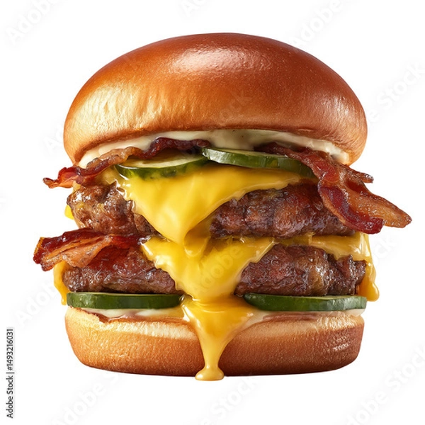 Fototapeta A mouthwatering double cheeseburger with bacon and pickles. The burger has melted cheese and is dripping with sauce, making it irresistible