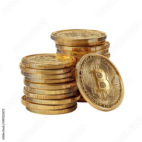Fototapeta Stacks of Bitcoin coins gleam with financial prosperity, embodying digital currency. They represent the future of finance.