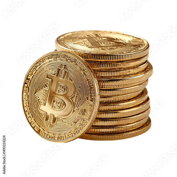 Fototapeta A stack of golden bitcoin coins. They symbolize digital currency and financial investment