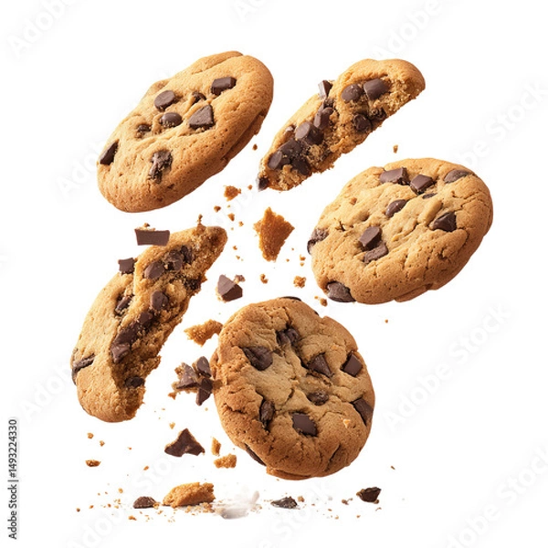 Fototapeta Chocolate chip cookies falling in mid-air, creating a delicious and visually appealing display of texture and color. Some cookies are cracked.