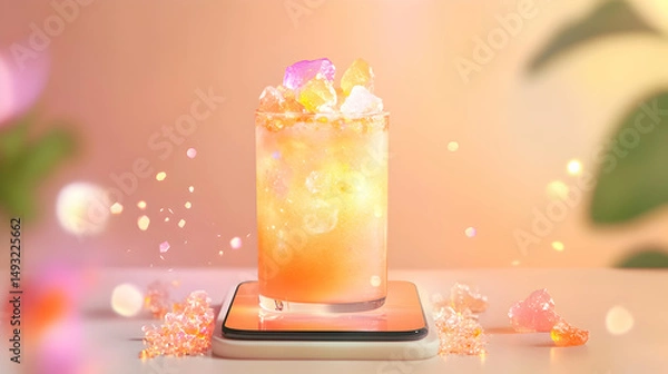 Obraz Vibrant Bright Drink with Ice and Colorful Garnish on Mobile Screen
