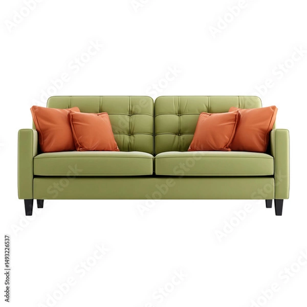 Fototapeta A stylish green sofa with orange throw pillows, perfect for a modern living space