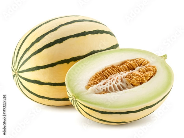 Obraz A whole pepino melon cut in half isolated on white background striped skin pale interior