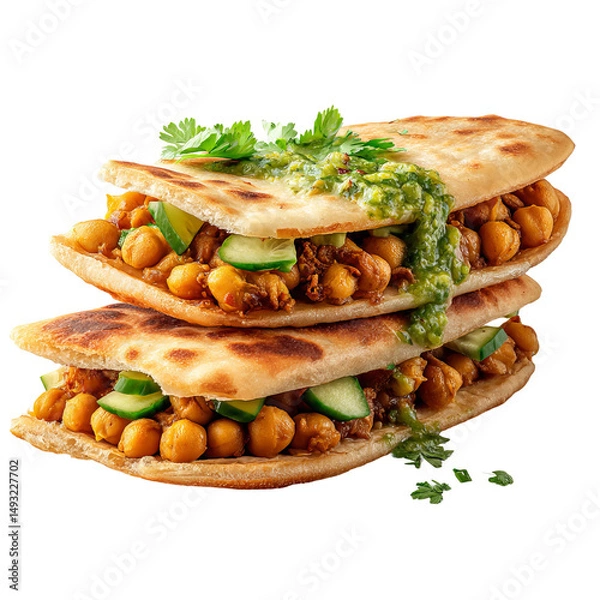 Fototapeta A stack of delicious flatbread sandwiches filled with chickpeas, cucumber, and flavorful sauce