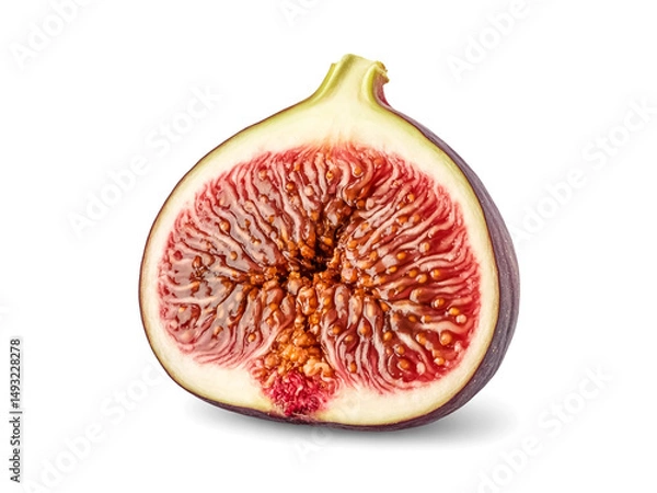 Fototapeta A single mountain fig halved isolated on white background soft flesh tropical clarity