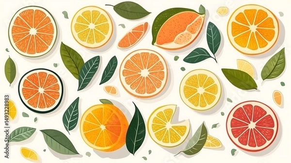 Fototapeta A minimalistic flat lay of citrus slices and leaves on a white background, clean editorial style, soft pastel accents, symmetrical arrangement. Created Using: flat vector design, minimalist layout,