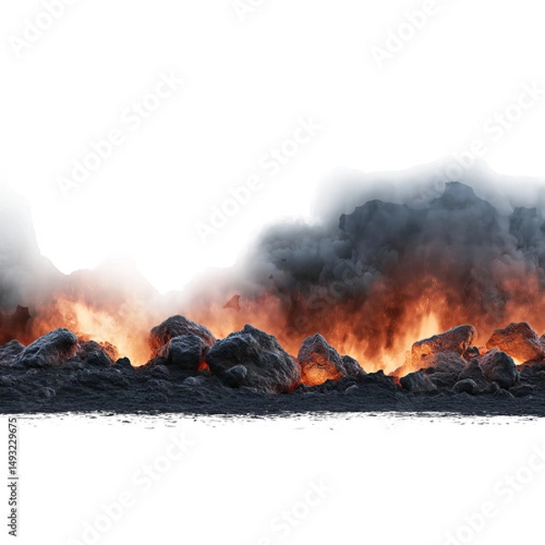 Fototapeta A fiery explosion erupts, creating a dramatic spectacle with intense smoke. The ground is covered with hot rocks, and flames are visible