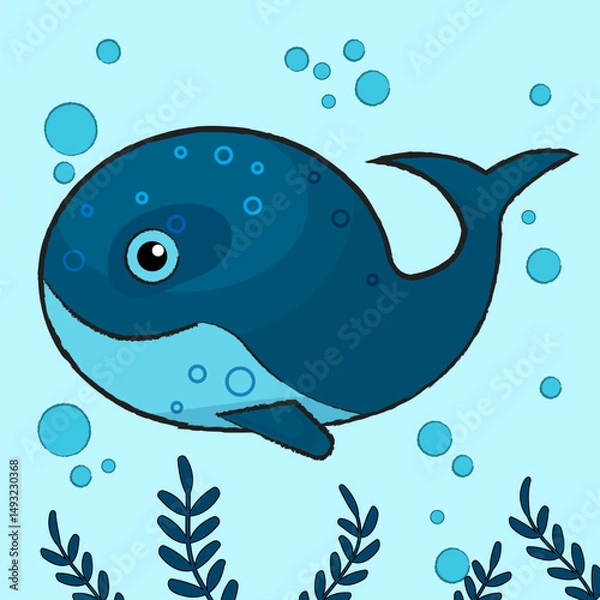 Fototapeta Cartoon whale in the ocean, children's vector picture. The image is in the style of a pencil drawing.
Illustration of a marine mammal.
