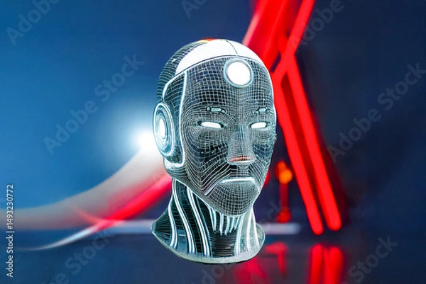 Fototapeta Digital Mind: Wireframe Consciousness in Neon Light