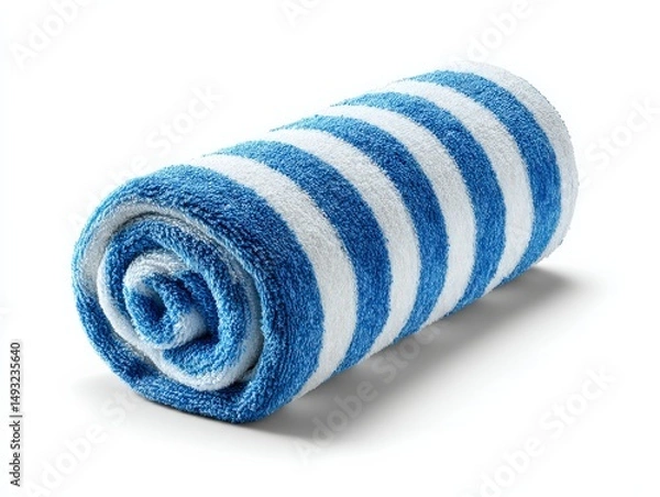 Fototapeta A neatly rolled blue and white striped beach towel, ready for a sunny day.
