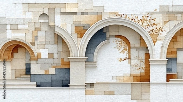 Obraz Vintage Venetian Gothic Arch Sketch with Textured Background and Artistic Elements