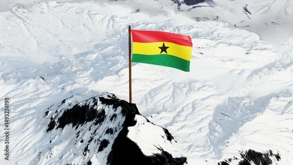 Fototapeta High-resolution 3D image of Ghana's flag, with red, yellow, green stripes and a black star, proudly waving atop a snow-covered mountain peak, symbolizing unity, resilience, and national pride.

