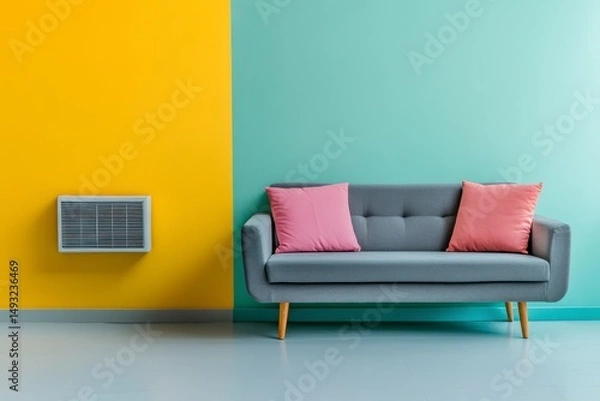 Fototapeta Gray Sofa with Pink Pillows in a Modern Room with Yellow and Teal Walls