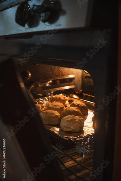 Obraz Looking at baked biscuits though an open oven door 