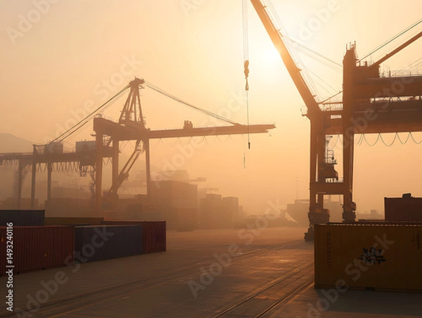 Fototapeta Smoggy industrial port with cranes and containers in early morning light creating hazy and atmospheric scene with warm tones and shadows