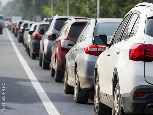 Obraz Traffic jam with cars lined up on road during daytime, showing variety of vehicles in slow or stopped condition, creating sense of congestion and delay