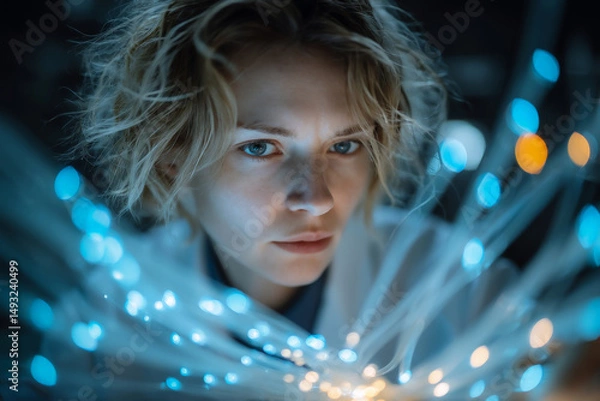 Obraz Woman in lab coat examines fiber optic transmission lines, cables glowing in dark lab, medium shot from behind.
