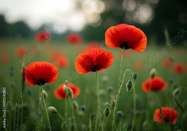 Fototapeta Vibrant Red Poppies in a Serene Field: A Romantic Summer Scene