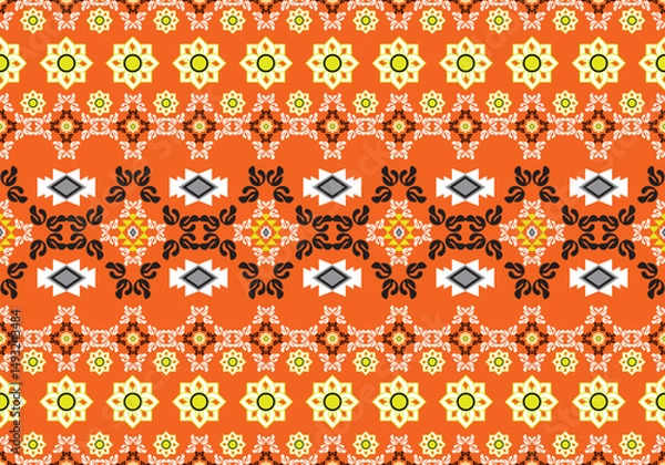 Fototapeta Seamless traditional ethnic pattern with floral and geometric motifs on orange background. Perfect for textile, wallpaper, and wrapping design. Vibrant and symmetrical folk-inspired art.