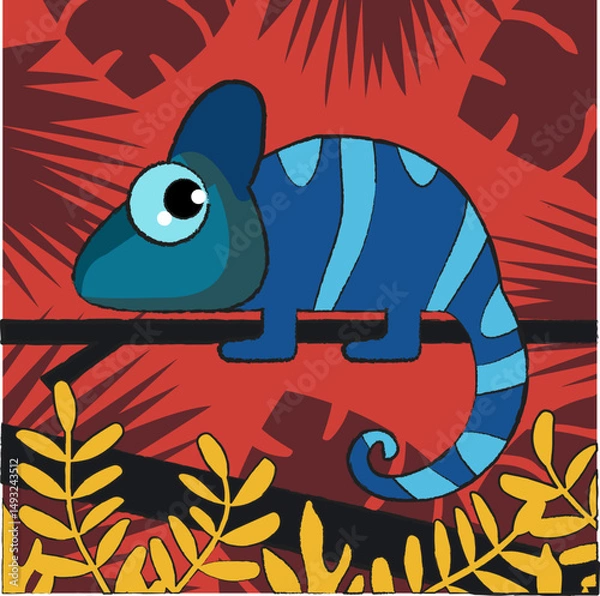 Fototapeta Vector image of a chameleon on a background of plants in the jungle. A simple children's drawing, stylized to match pencil contours. A small colored lizard.

