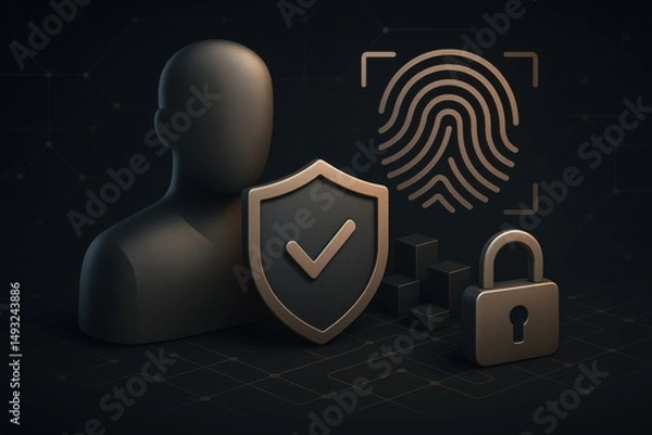 Obraz Cybersecurity protecting user data with fingerprint scanner and shield
