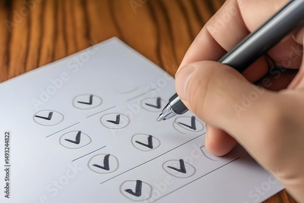 Obraz closeup of employee filling self-evaluation form during HR review