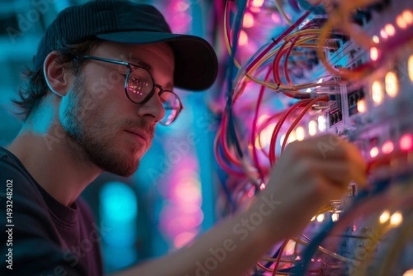 Obraz Young man enjoying nightlife at connects fiber optics to transmission panel.