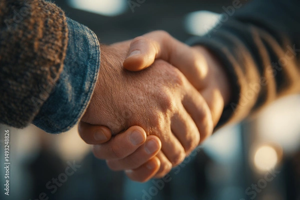 Obraz Small business owner shakes hands with financier in sleek office, mix of casual and formal attire, warm lighting, medium shot from side, professional collaboration style.