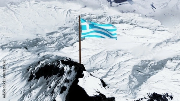 Fototapeta 3D rendering of Gibraltar’s national flag with a red castle and golden key on a white and red background, waving proudly atop a snow-covered mountain peak, symbolizing strength and resilience.

