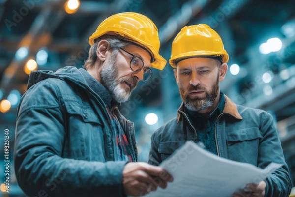 Obraz Small business owner in hard hat reviews plans with tech consultant on factory floor, mixed attire, cool tones, wide shot from side.