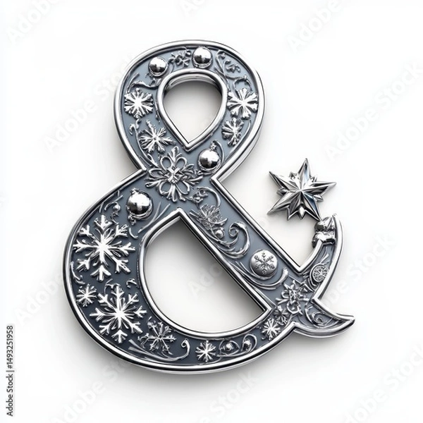 Obraz Ornate Silver Ampersand with Snowflakes and Star Detail on White Background