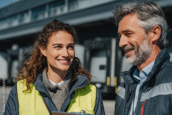 Obraz Delivery coordinator in reflective vest talks to business professional near loading dock, sunlit scene, medium angle from front.
