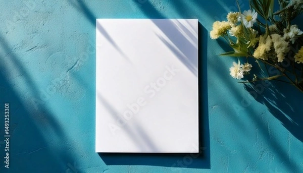 Obraz A4 Mockup - Invitation, Letterhead, Letter, Contract, Greetings Card or Menu, Template for Wedding, Birthday, Party, Christmas, Thanksgiving and New Year with Turquoise Background