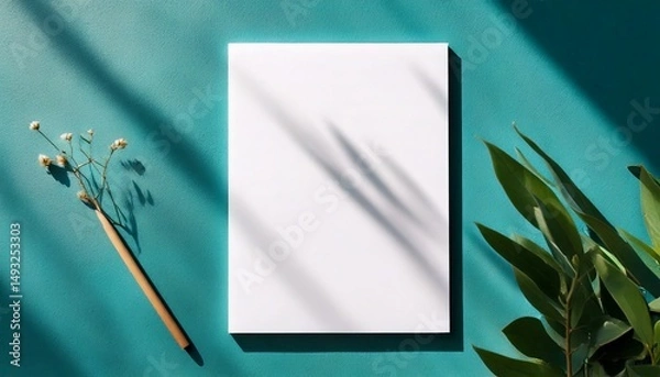 Obraz A4 Mockup - Invitation, Letterhead, Letter, Contract, Greetings Card or Menu, Template for Wedding, Birthday, Party, Christmas, Thanksgiving and New Year with Turquoise Background