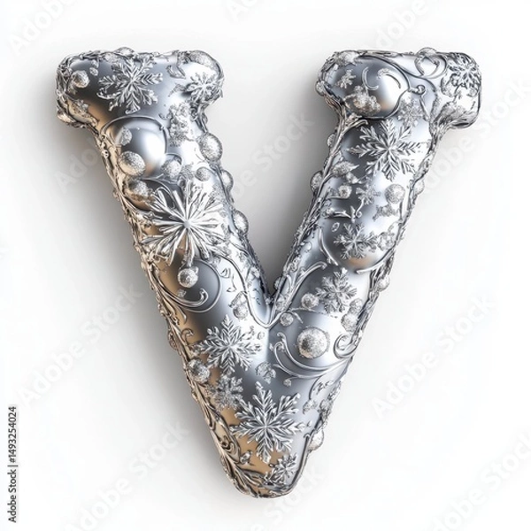 Obraz Ornate Silver Letter V 3D Render on White Background