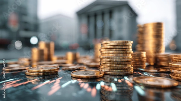 Fototapeta Examining financial trends with coins and stock market graphs in modern digital environment