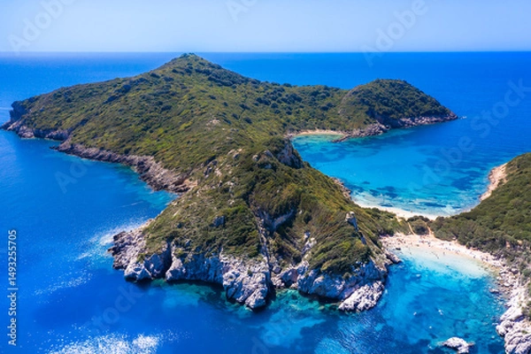 Obraz Aerial view of famous double beach of Porto Timoni, Afionas region, Corfu, Greece