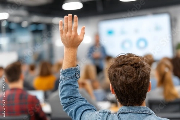 Obraz Employee raises hand as software expert explains dashboard, bright meeting room, eye-level shot from front.