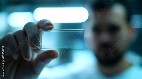 Fototapeta Researcher Holding Glass Slide in Laboratory Environment
