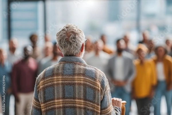 Obraz Elderly man holding a cane presenting to a multi-ethnic team, large screen behind, bright lighting, wide shot from behind.