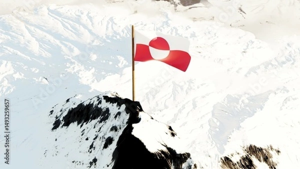 Fototapeta 3D rendering of Greenland's national flag, with a red and white color scheme and a centered circle, proudly waving atop a snow-covered mountain peak, symbolizing unity, culture, and identity.

