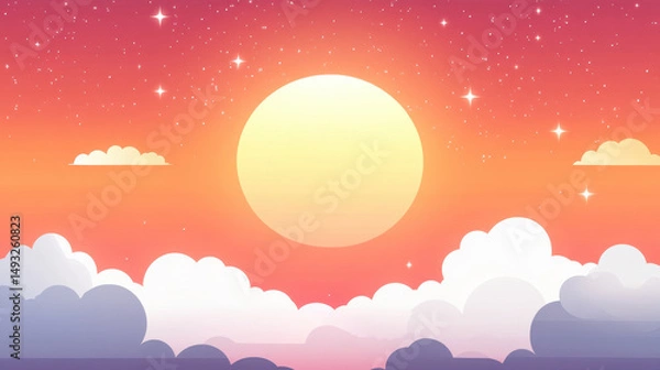Fototapeta Vibrant sunset scene featuring large sun surrounded by soft clouds and starry sky, evoking sense of tranquility and beauty